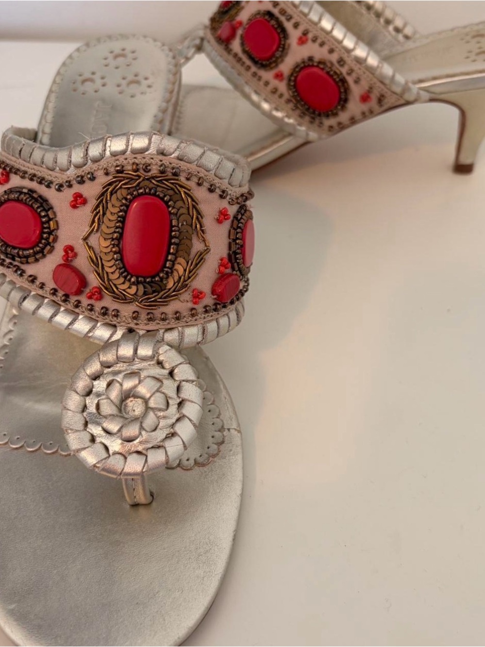 Jack Rogers Silver Sandals with Red Embellishments